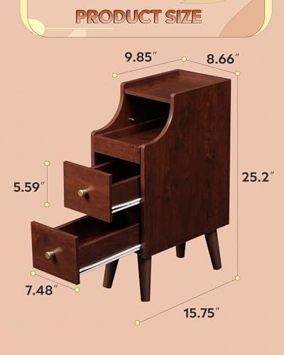 WLIVE Slim Small Nightstand with Drawer Narrow Bedside Table Vintage Cherry