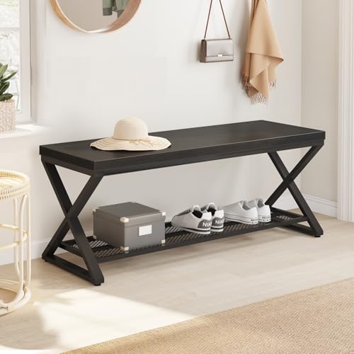 LVB Black Oak Bench, Industrial Entryway Bench with Storage, 47 Inch