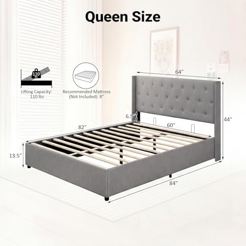 GIANTEX Queen Size Lift Up Storage Bed, Modern Linen Upholstered Platform w/Button Tufted Wingback Headboard & Hydraulic Support, Queen Bed Frame with Storage, No Box Spring Needed (Grey)