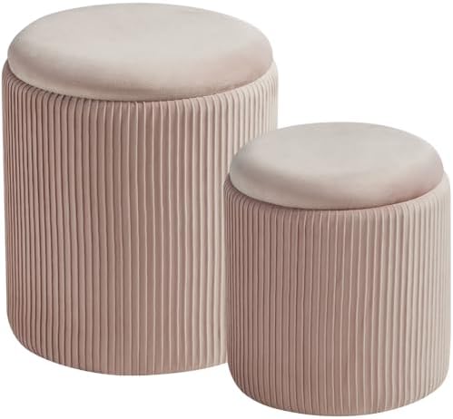 BLEXA Set of 2 Round Storage Ottoman, Velvet Pink Ottoman with Storage