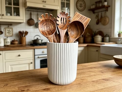 Large Stoneware Kitchen Utensil Holder for Kitchen Counter & Countertop Cooking Utensil Holder Spatula Holder Utensil Crock for Kitchen Counter Vertical Ribbed Fluted Stripe (Matte White)