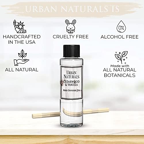 Urban Naturals Reed Diffuser Oil Refill, Cedarwood Vanilla Fragrance Oil with Oak, Cedar, Vanilla, 4 oz + Free Reed Sticks, Made in the USA