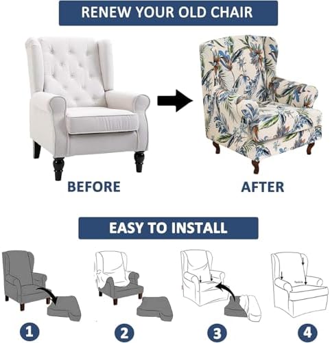 HAOYONG Wing Chair Slipcovers Stretch Wingback Chair Covers Printed 2 Pieces Wingback Armchair Slipcover Elastic Chair Slip Covers Washable Armchair Protector Cover for Living Room and Bedroom