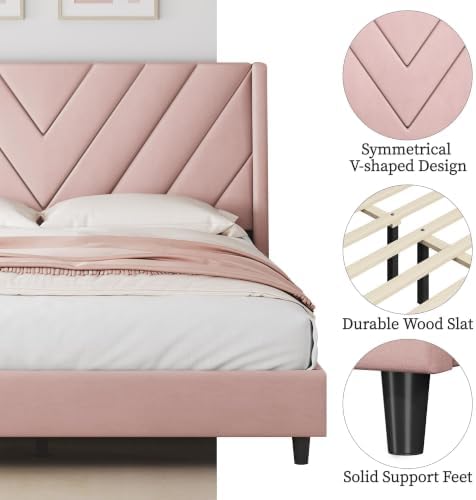 Yaheetech Queen Bed Frame with Chevron Channel-Tufted Headboard, Pink