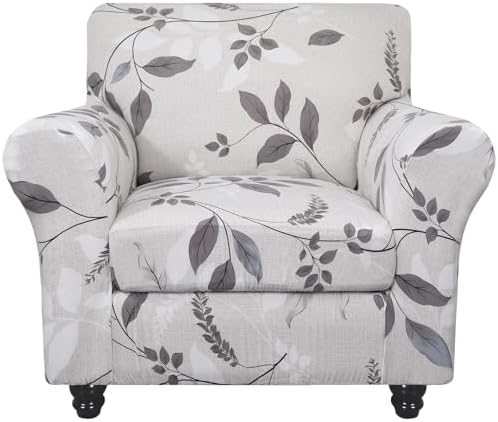 SearchI Stretch Sofa Cover Printed Couch Covers, Floral Pattern 2 Piece Armchair Slipcover with Separate Chair Cushion Cover, Washable Furniture Protector for Living Room(Armchair, Elegant Foliage)