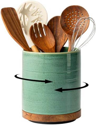 Utensil Holder, 360° Rotating Extra Large Ceramic Kitchen Utensil Holder for Countertop, 7.3“ Cooking Utensil Crocks for Kitchen Counter with Rotatable Wooden Base, Farmhouse Decor, Forest Green