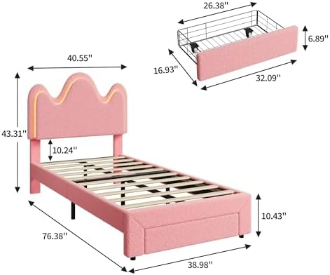 IDEALHOUSE Twin Bed Frame with LED Headboard and Under-Bed Drawer, Metal