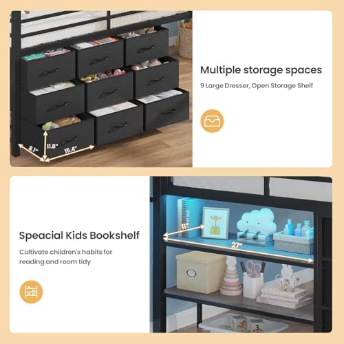 Low Loft Bed Twin Size with 9 Storage Drawers, LED Lights Loft Bed