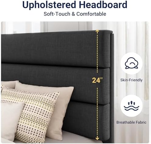 Allewie Twin Size Platform Bed Frame with Fabric Upholstered Headboard Gray