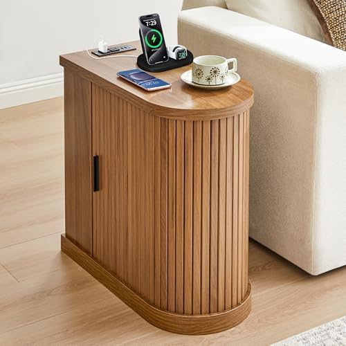 Mid-Century Modern Curved Fluted Narrow End Table, Walnut