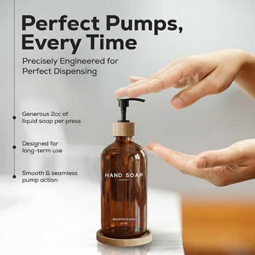 Amber Glass Hand Soap Dispenser Bathroom Set by Brighter Barns - Hand Soap Dispenser for Kitchen Sink & Bathroom - Bamboo Glass Bottle with Tray - Modern Home Decor for Spa, RV, Fitness Center (Amber)