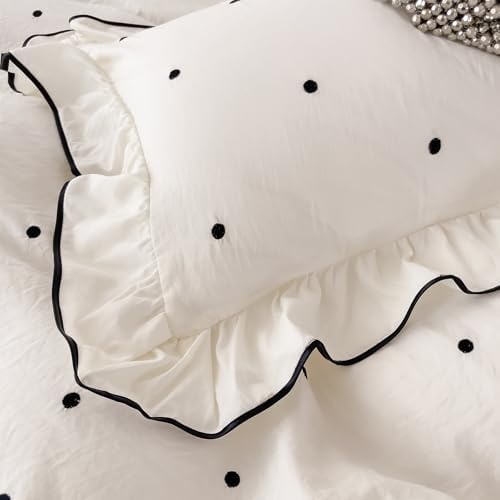 AOJIM Cottagecore Black Polka Dot Duvet Cover Queen Size, 3-Piece Vintage Ruffled Bedding Set - Soft Breathable Washed Microfiber Beige Comforter Cover & 2 Pillowcases for Kids & Adults, Easy Care