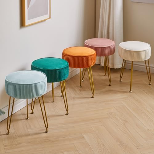 IBUYKE Makeup Vanity Stool, Velvet Round Footrest Ottoman, Blue LG-30H