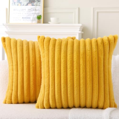 Decorative Throw Pillow with Inserts, Set of 2 Soft Faux Fur Throw Pillows, Square Boho Striped Pillow for Couch, Bed, Sofa Decor