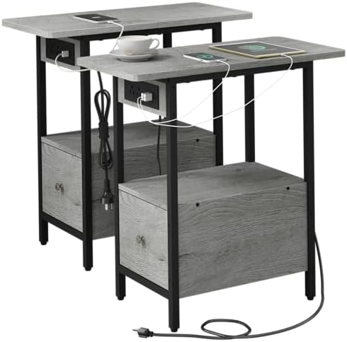 LIDYUK End Table with Charging Station, Narrow Side Table with Drawer