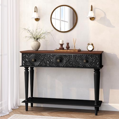 Vintage Console Table with 3 Embossed Floral Drawers for Entryway
