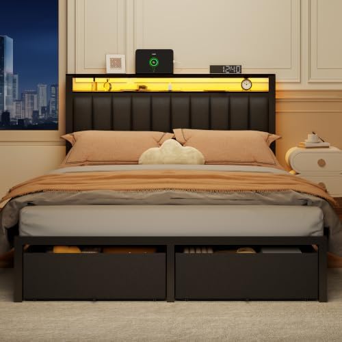 Furnulem Queen Bed Frame with Storage Drawers and Upholstered Headboard