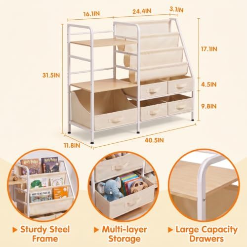 Kids Bookshelf and Toy Storage Organizer, 2-in-1 Montessori Bookshelf