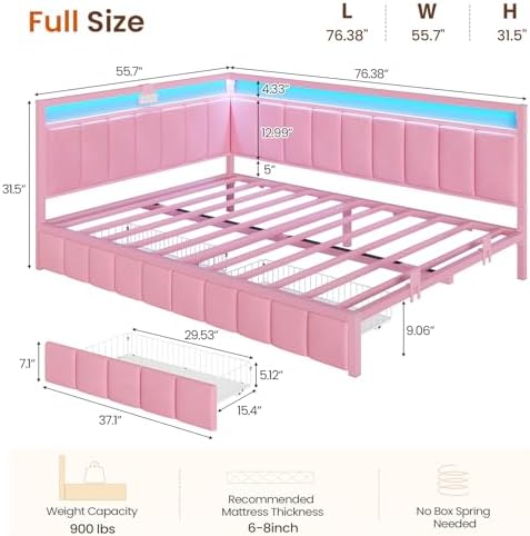 DICTAC Full Corner Bed Frame with 2 Storage Drawers and Charging Station Full Size Velvet Platform Bed Frame for Girls with Led Lights and Upholstered Guardrail,Full Size Daybed for Teen &Adult,Pink
