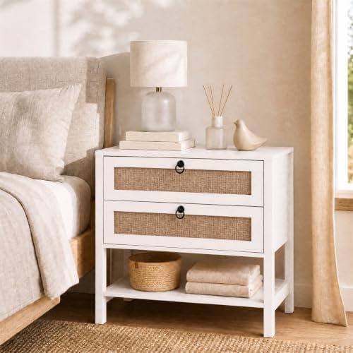 GIANTEX Rattan Nightstand with 2 Drawers, 27" Wide Boho Bedside Table