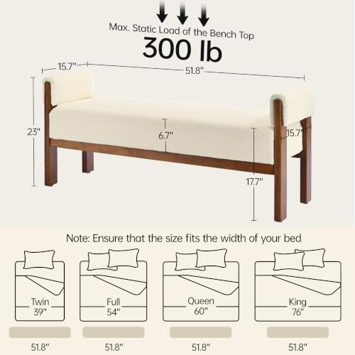 VKNOW 51.8”End of Bed Bench Upholstered Bedroom Bench with Arms, Beige