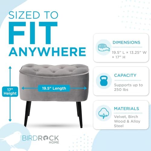 BIRDROCK HOME Tufted Curve Ottoman Velvet Foot Stool - Modern Upholstered Padded Footrest for Living Room or Bedroom - Small Cushioned Accent Chair for Couch, Sofa, or Large Seating (Grey)