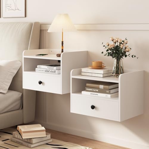 Floating Nightstand Set of 2 Modern Night Stands with Drawer and Open Shelf