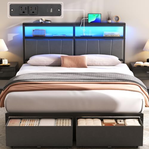 Full Bed Frame with Storage Drawers and Charging Station, Grey