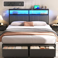 Full Bed Frame with Storage Drawers and Charging Station, Grey