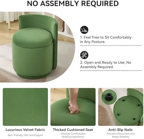 WUTUTUEE Velvet Vanity Chair with Storage, 360° Swivel Makeup Chair with Wave Back, No Assembly Small Accent Stool for Bedroom, Dressing, Living Room, Green