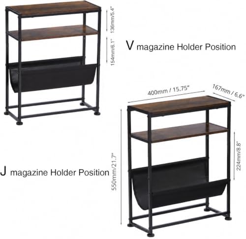 Narrow End Table with Magazine Rack, 2-Tier Slim Side Table for Small Spaces, Industrial Nightstand with Storage Sling for Living Room, Couch and Bedroom, Rustic Brown