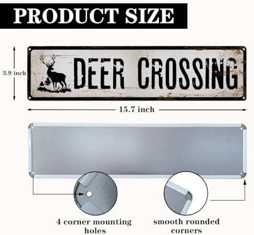 Rustic Farmhouse Metal Sign, “Deer Crossing” Vintage Tin Plaque for Cabin, Pond, Yard, or Garage, Outdoor & Indoor Country Wall Art, Easy to Hang, 15.8 x 4 Inch