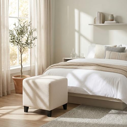 Joveco 16.3" Square Cube Ottoman, Modern Linen Fabric Foot Stool with Solid Wood Legs, Cream White Padded Footrest & Vanity Seat for Living Room, Bedroom, Entryway Shoe Bench