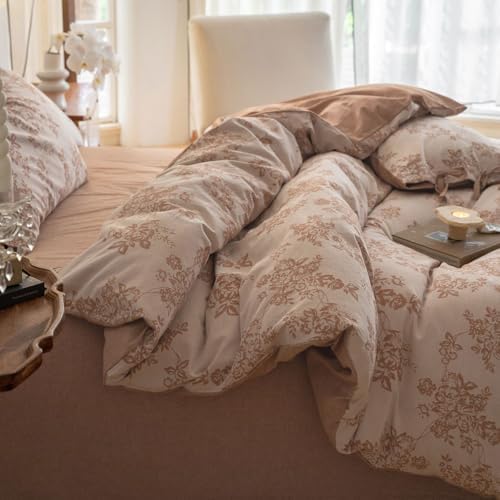 Monet Flower Duvet Cover King 3 Pieces Retro Jacquard Floral Bedding Set,Linen Cotton Yarn-Dyed Textured Comforter Cover with Bowknot-104 x90,Pumpkin