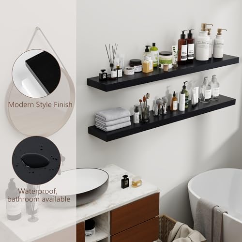 fuqing 48 Inch Floating Shelves, 6.7 Inch Deep Black Wall Shelves Set of 2