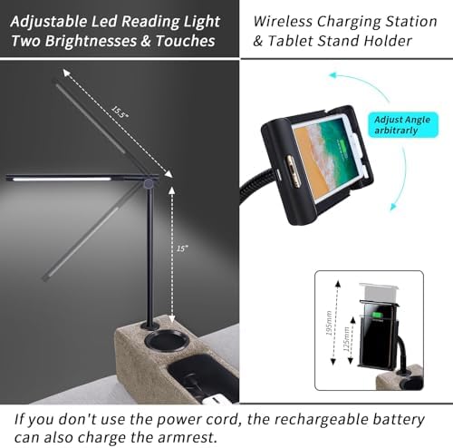Multifunctional Sofa Armrest, Couch Armrest with Wireless Charge Stand, Removable Couch Caddy with Storage,Including LED Reading Light