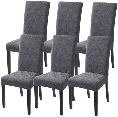 SearchI Dining Room Chair Covers Set of 6, Stretch Jacquard Parsons Chair Slipcovers Super Fit Spandex Removable Washable Kitchen Chair Protector Cover for Dining Room, Hotel, Ceremony (Grey)