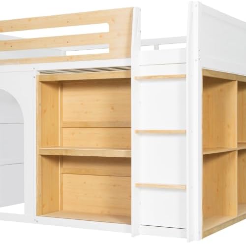 LUMISOL Full Size Loft Bed with Storage and Bookshelf, Playhouse Wooden High Sleeper Bed with Guardrails and Ladder, Space Saving Loft Bed for Kids Boys and Girls, White