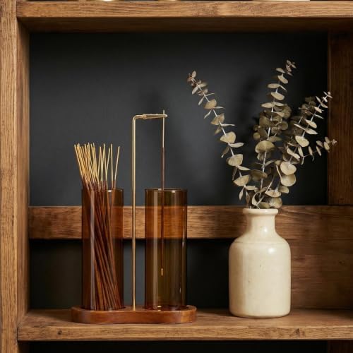 Amber Glass Incense Holder, Colorful Incense Sticks Burner Holder with Storage,Hang Upside Down Incense Holder for Sticks with Glass Ash Catcher for Meditation Yoga Spa Room Decor (Amber)