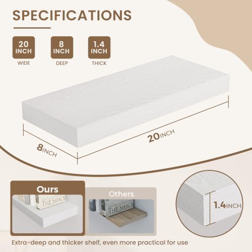Dreamland 20 Inches Wall Mounted Wood Floating Shelves, White, 2 Pack