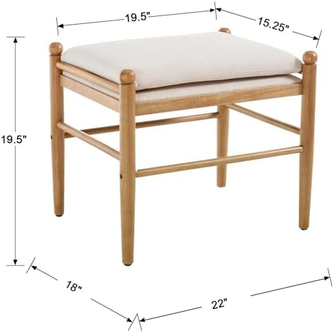 Ottoman Footrest, 19 Inch Upholstered Vanity Bench Seat, Backless Makeup Stool with Solid Wood Legs for Dining Room/Bedroom/Living Room/Entryway,Brown Frame/Beige Linen
