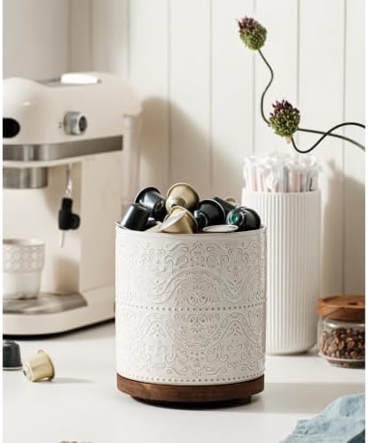 Kitchen Utensil Holder, 360° Rotating Extra Large Ceramic Utensil Holder with Embossed Pattern, 7.3” Cooking Utensil Crocks for Kitchen Countertop, Home Decor, Off-White, Lace Pattern