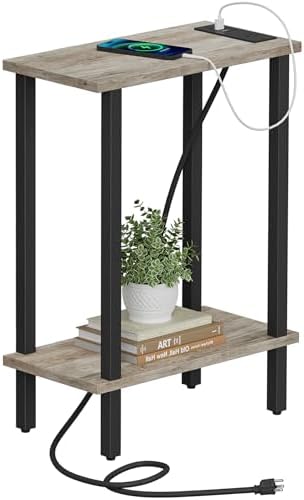 TUTOTAK Narrow Side Table, 2-Tier Small End Table with Charging Station