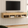 EYYTHUNG Fluted TV Stands Set of 4, Modern Small Floating Nightstand with Drawer and Open Storage Shelf Night Stand Wall Mounted Bedside Tables Natural Oak