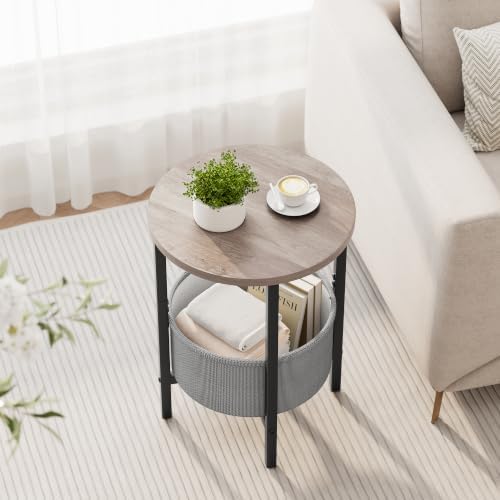 Vagusicc Small Round Side Table, Accent End Table with Fabric Basket, Drink Table Coffee Table for Small Spaces, Sofa Corner Table,Bedside Table,Modern Nightstand for Living Room, Bedroom, Gray
