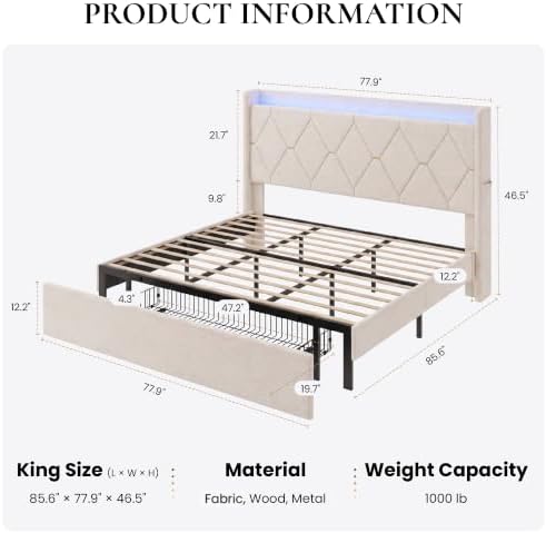 SHA CERLIN King Size Bed Frame with Storage Drawer & LED Lights, Beige