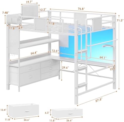 Full Size Loft Bed with Desk and 5 Storage Drawers, White