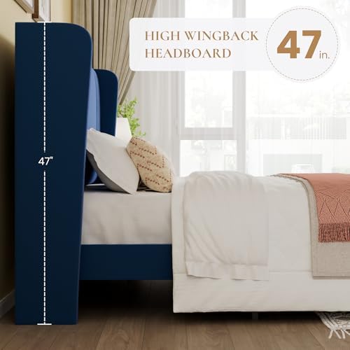 SHA CERLIN Full Velvet Upholstered Bed Frame, Wingback Headboard, Blue