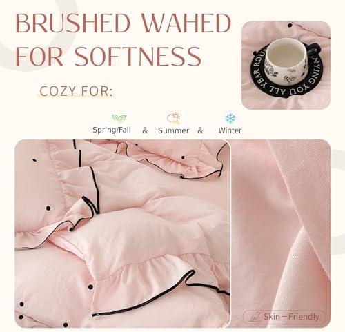 Pink Polka Dot Duvet Cover Set Twin Size 3 Pcs(1 Duvet Cover with 2 Pillowcases),Soft Brushed Washed All Seasons Comforter Covers with Ruffles,Twin Bedding Set for Teen Girls 68"×86"