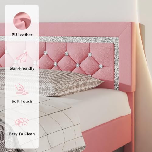Lullabyre Full Size Bed Frame with Headboard, Faux Leather Bed with Diamond Tufted Design, Bed Frames Full with Wood Slats Support, No Box Spring Required, Easy Assembly, Pink